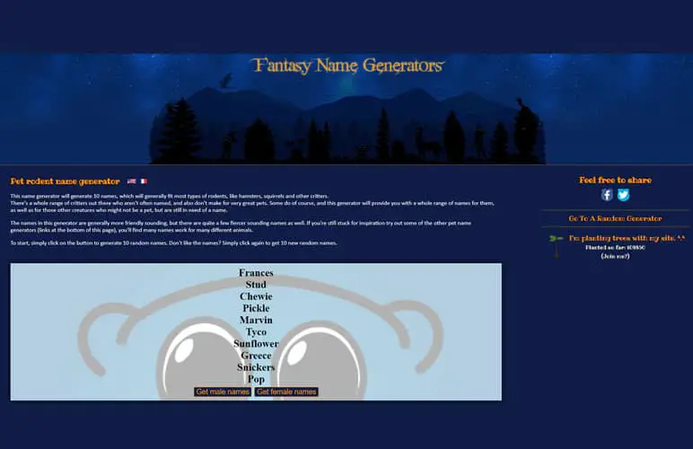 fantasy name generator screenshot for rodents and pet rat names